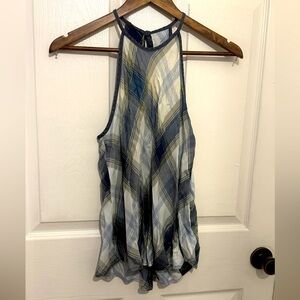 BELLA DAHL Women's White & Navy Plaid Halter Neck Sleeveless Top Size S